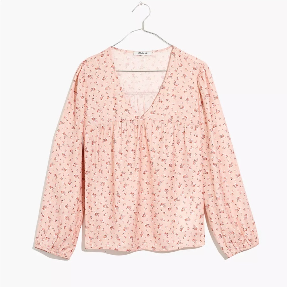 Madewell Satin Puff-Sleeve V-Neck Top in Baby's Breath, XS